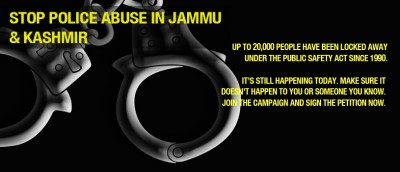 Sign to tell J&K Chief Minister to "pick up his pen and stop police abuse!"